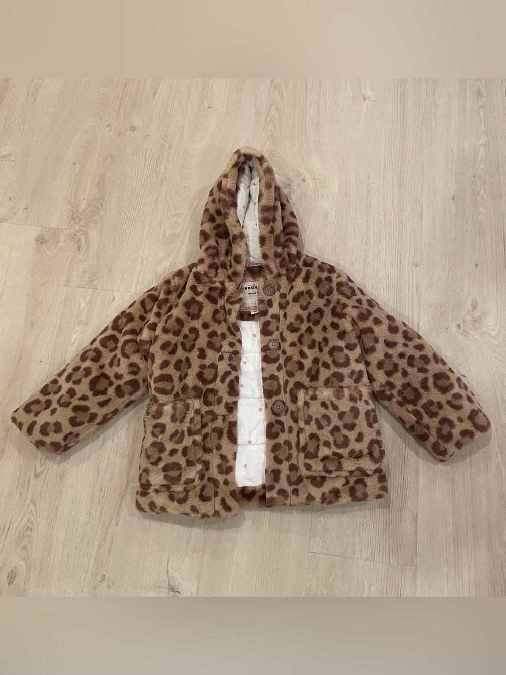 Mini Boden Leopard Faux Fur Hooded Puffer Coat - Brown